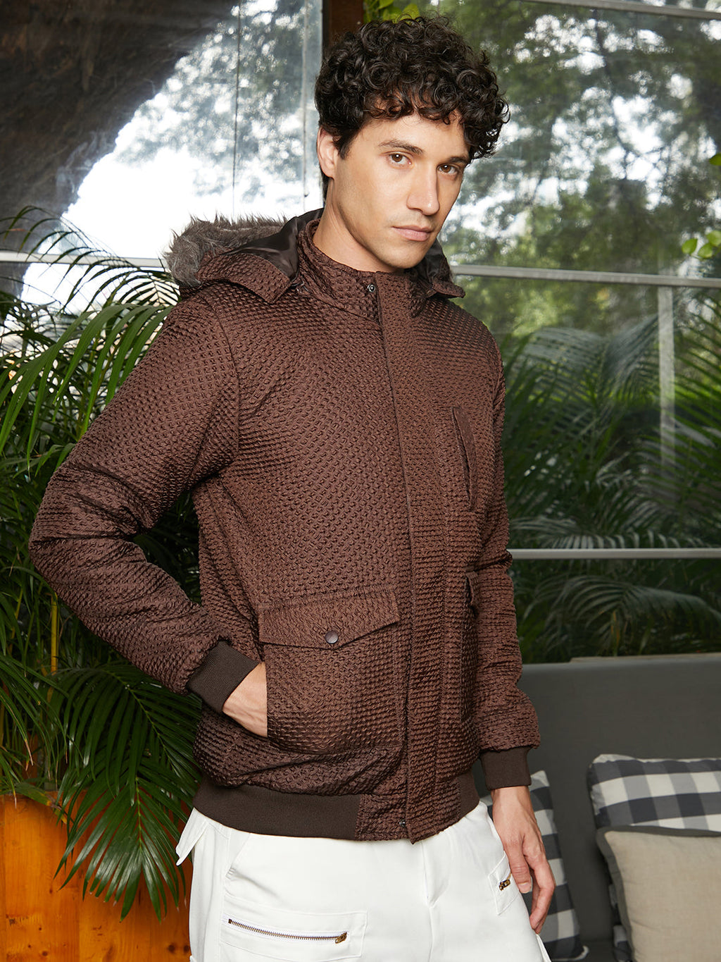 Campus Sutra Self-Design Diamond Puffer Jacket With Fleece Hood