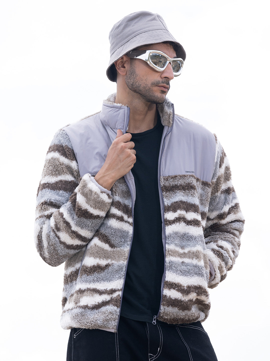 Campus Sutra Camouflage Sherpa Zip-Front Jacket