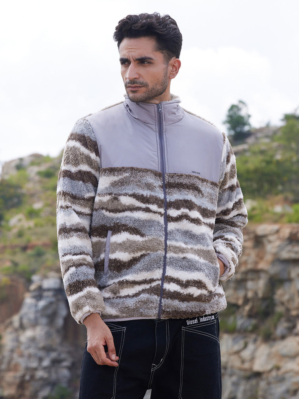 Campus Sutra Camouflage Sherpa Zip-Front Jacket