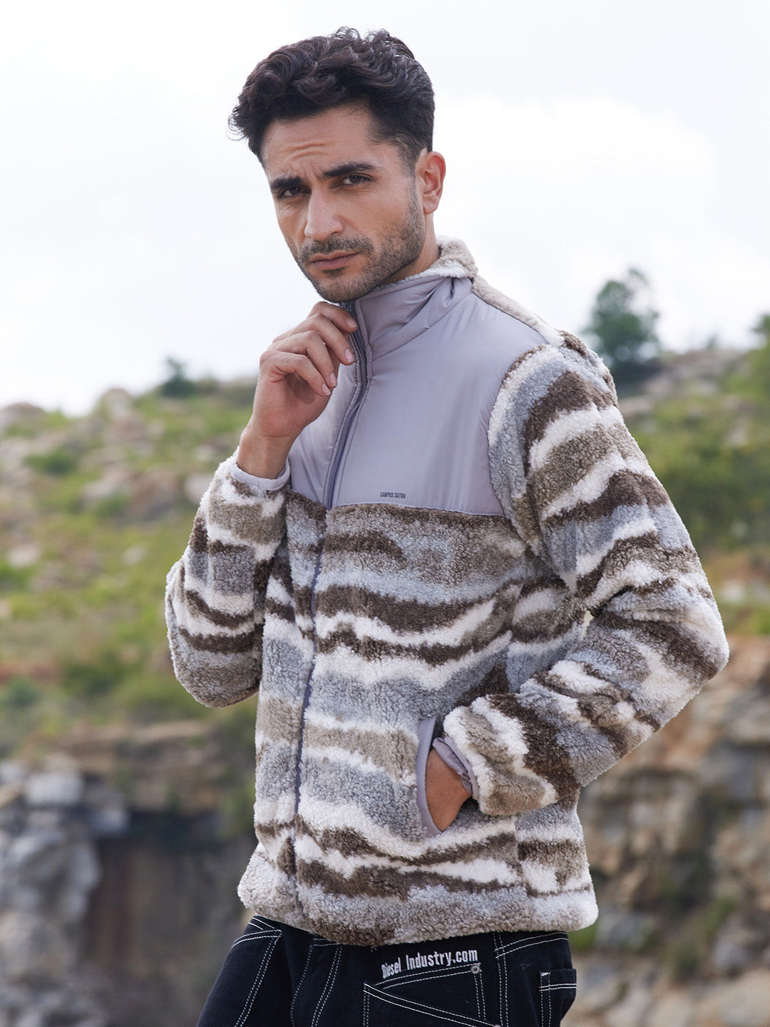 Campus Sutra Camouflage Sherpa Zip-Front Jacket