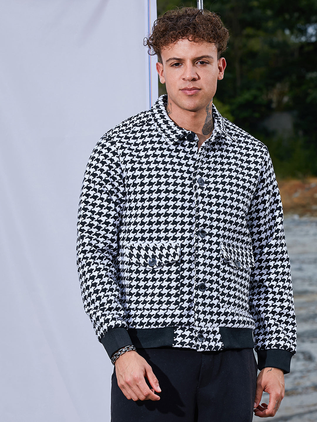 Campus Sutra Houndstooth Denim Jacket