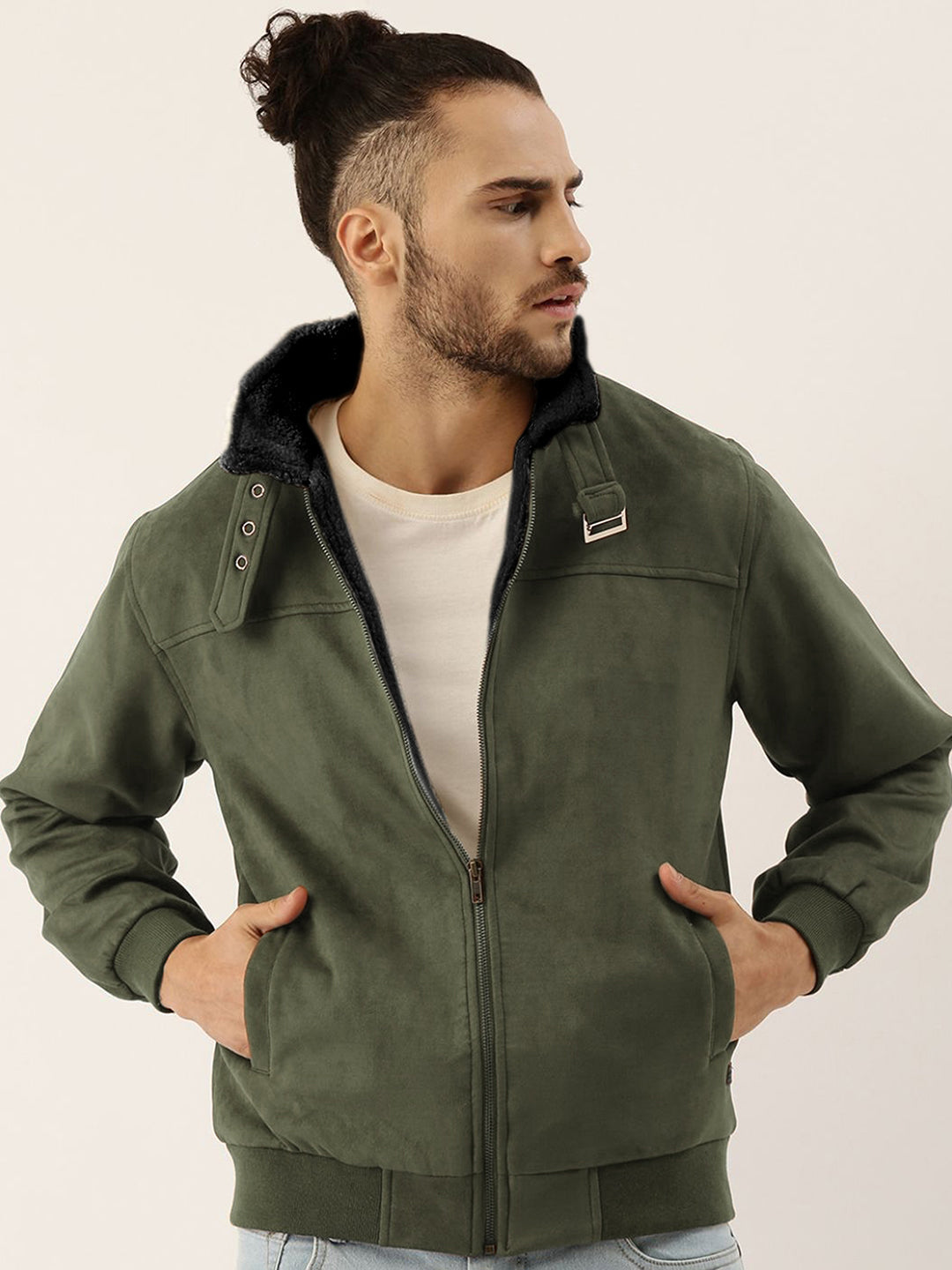 Campus Sutra Fur-Lined Suede Bomber Jacket