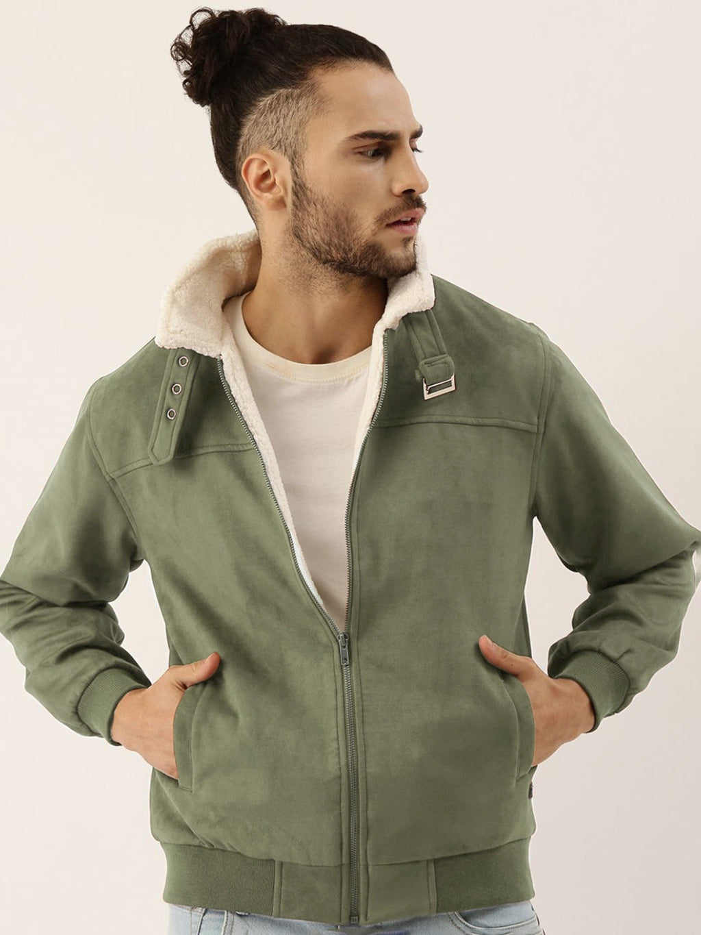 Campus Sutra Fur-Lined Suede Bomber Jacket