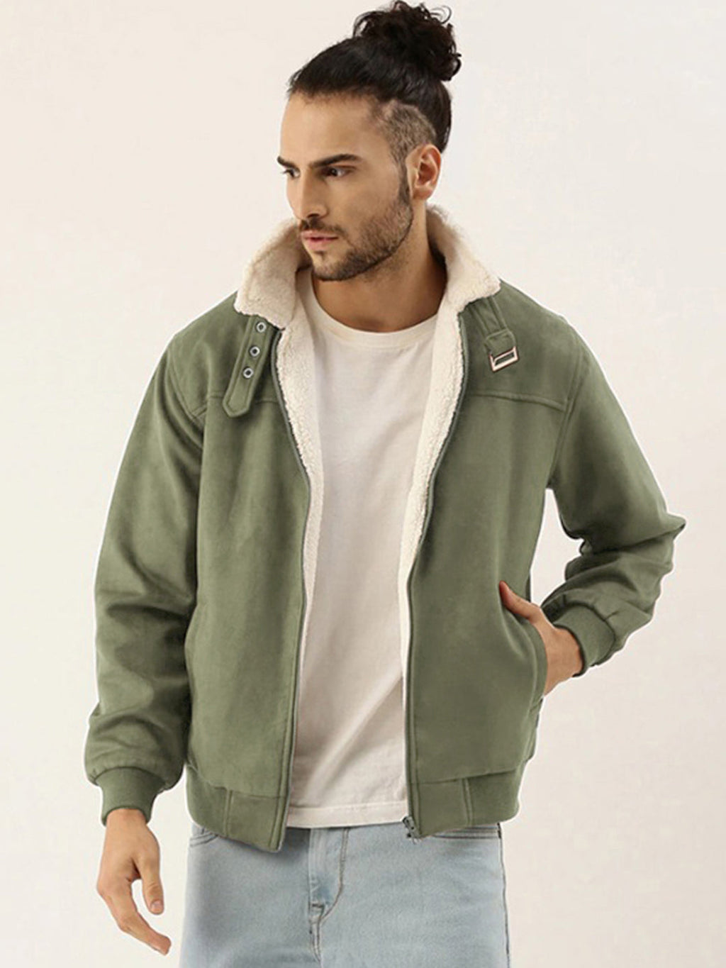 Campus Sutra Fur-Lined Suede Bomber Jacket