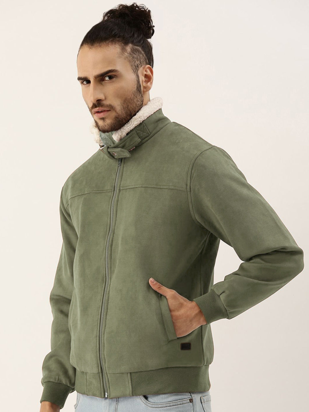 Campus Sutra Fur-Lined Suede Bomber Jacket