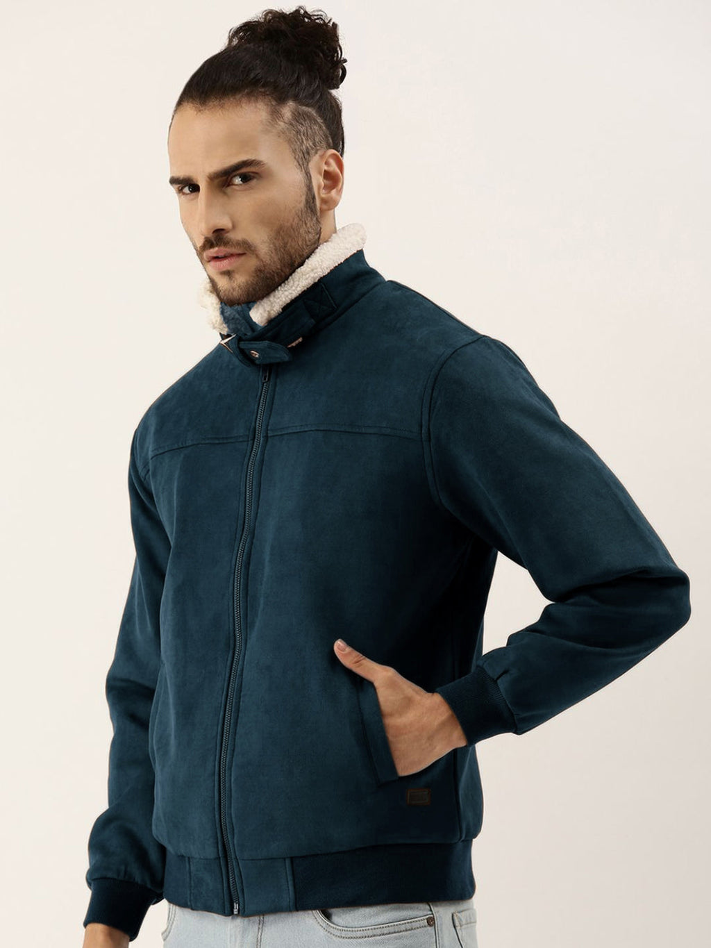 Campus Sutra Fur-Lined Suede Bomber Jacket