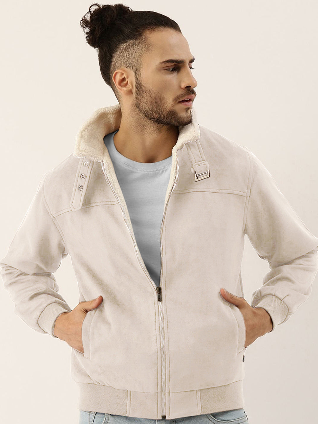 Campus Sutra Fur-Lined Suede Bomber Jacket