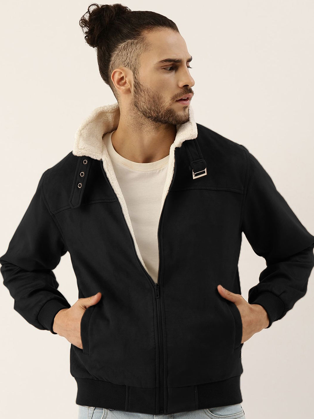 Campus Sutra Fur-Lined Suede Bomber Jacket