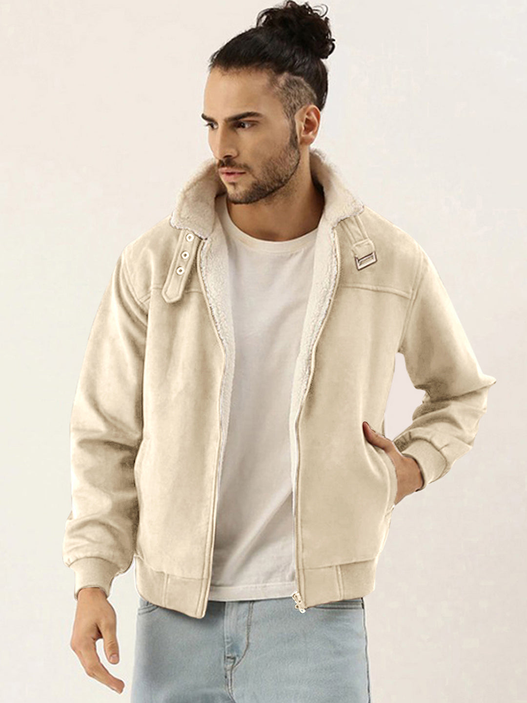 Campus Sutra Fur-Lined Suede Bomber Jacket