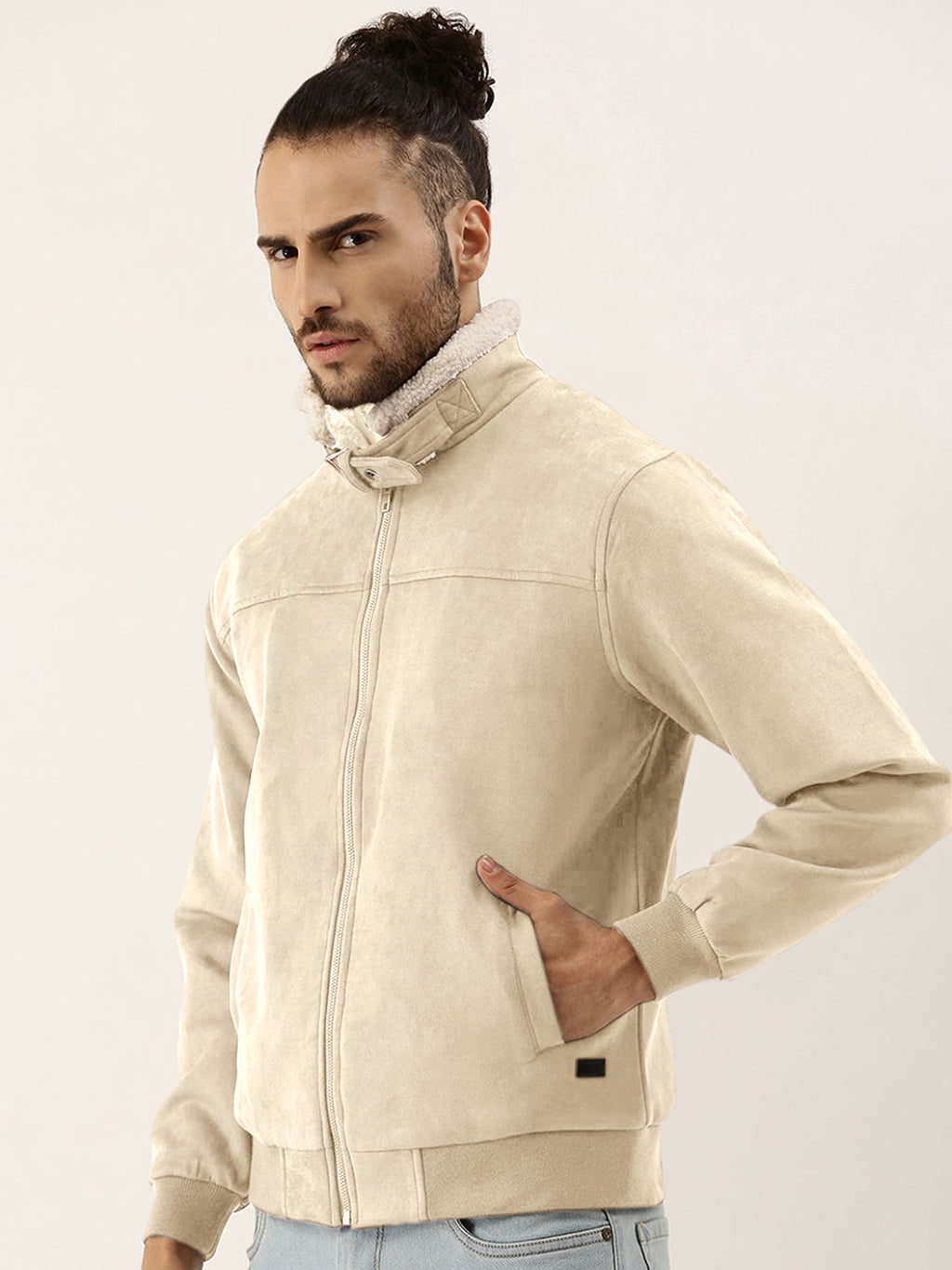 Campus Sutra Fur-Lined Suede Bomber Jacket