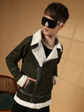 Campus Sutra Contrast-Fleece Suede Biker Jacket