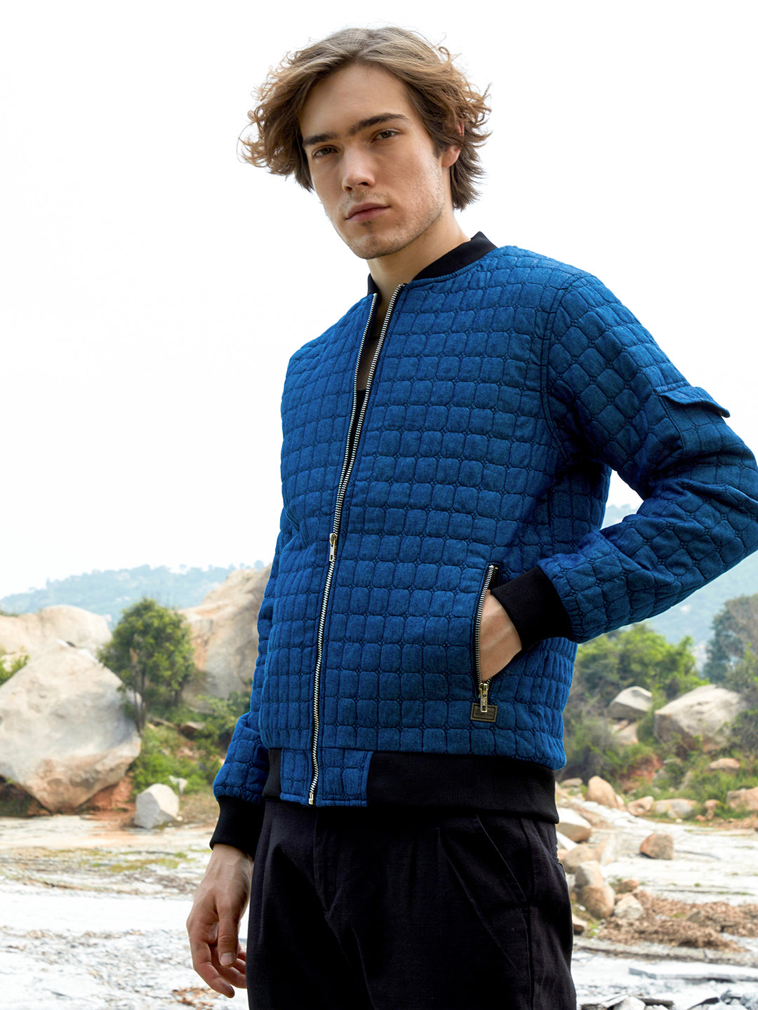 Campus Sutra Cubic-Quilted Bomber Jacket