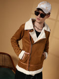 Campus Sutra Contrast-Fleece Suede Biker Jacket