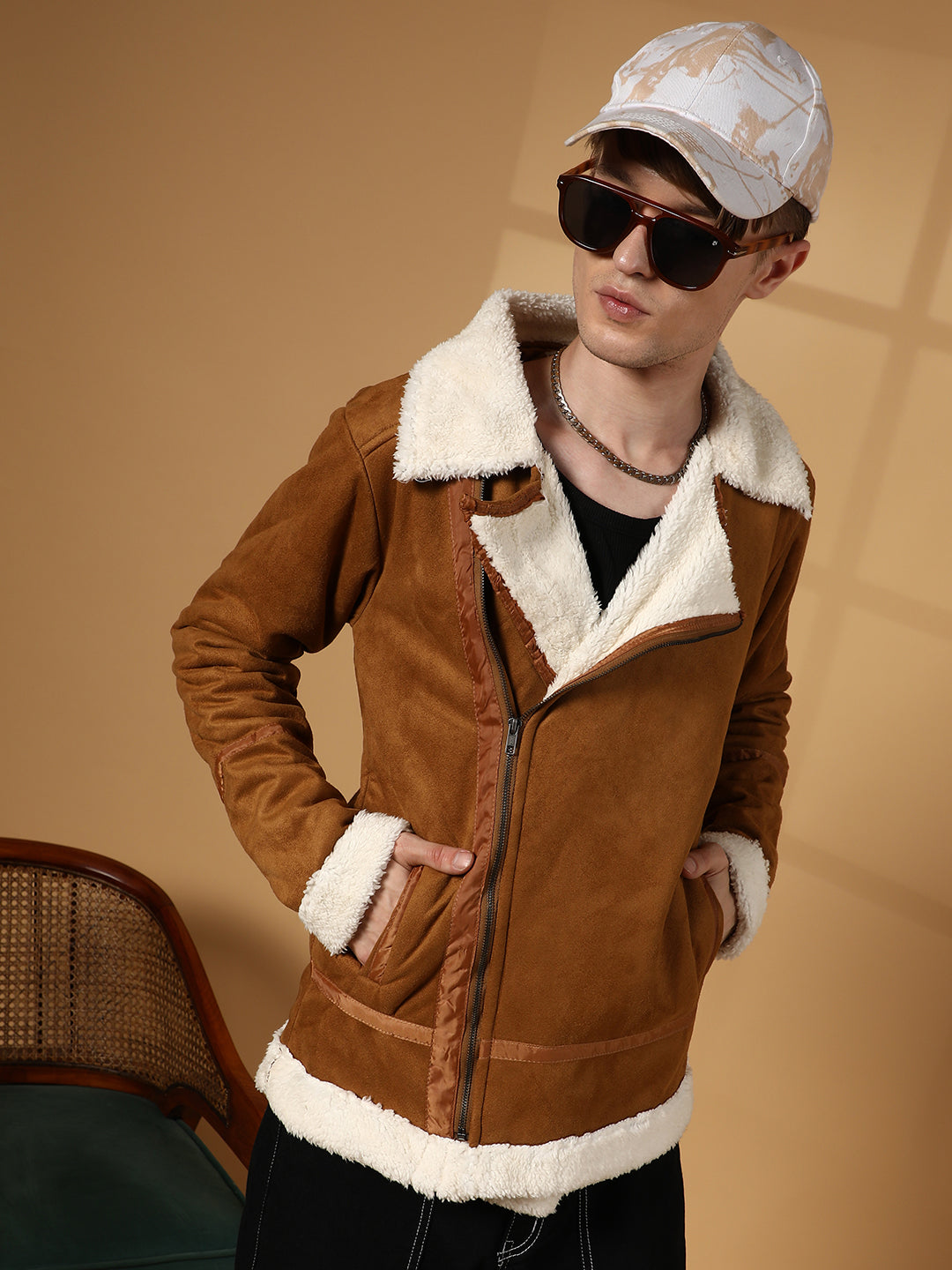 Campus Sutra Contrast-Fleece Suede Biker Jacket