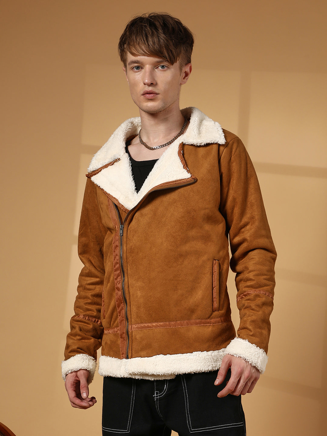 Campus Sutra Contrast-Fleece Suede Biker Jacket
