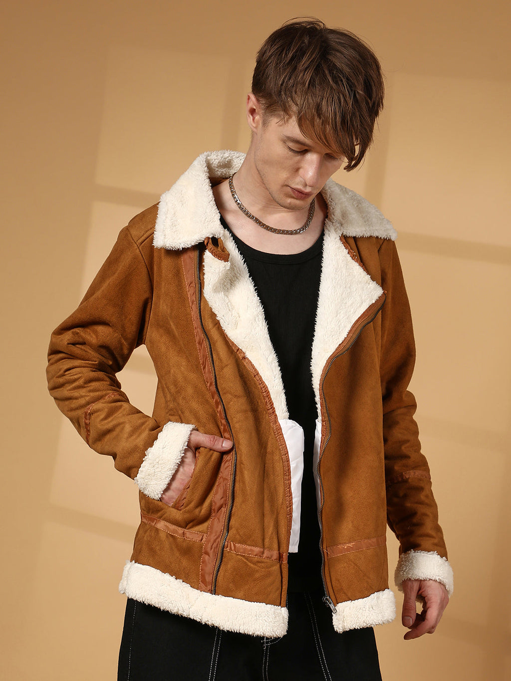 Campus Sutra Contrast-Fleece Suede Biker Jacket