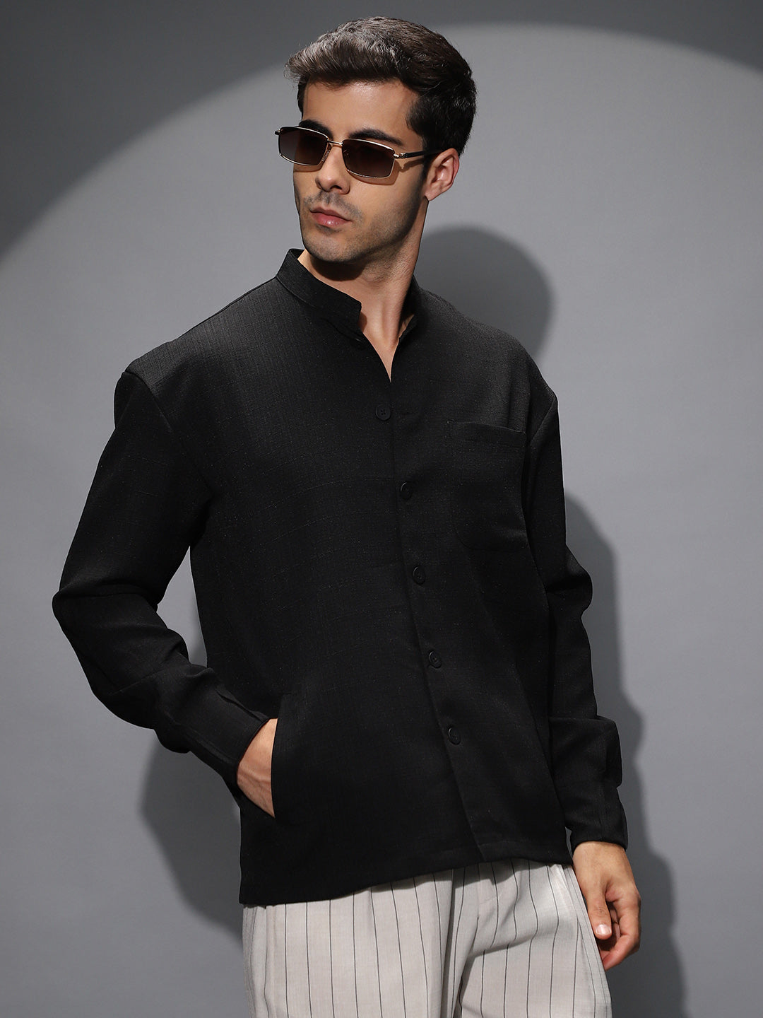 Campus Sutra Band-Collar Heathered Shacket