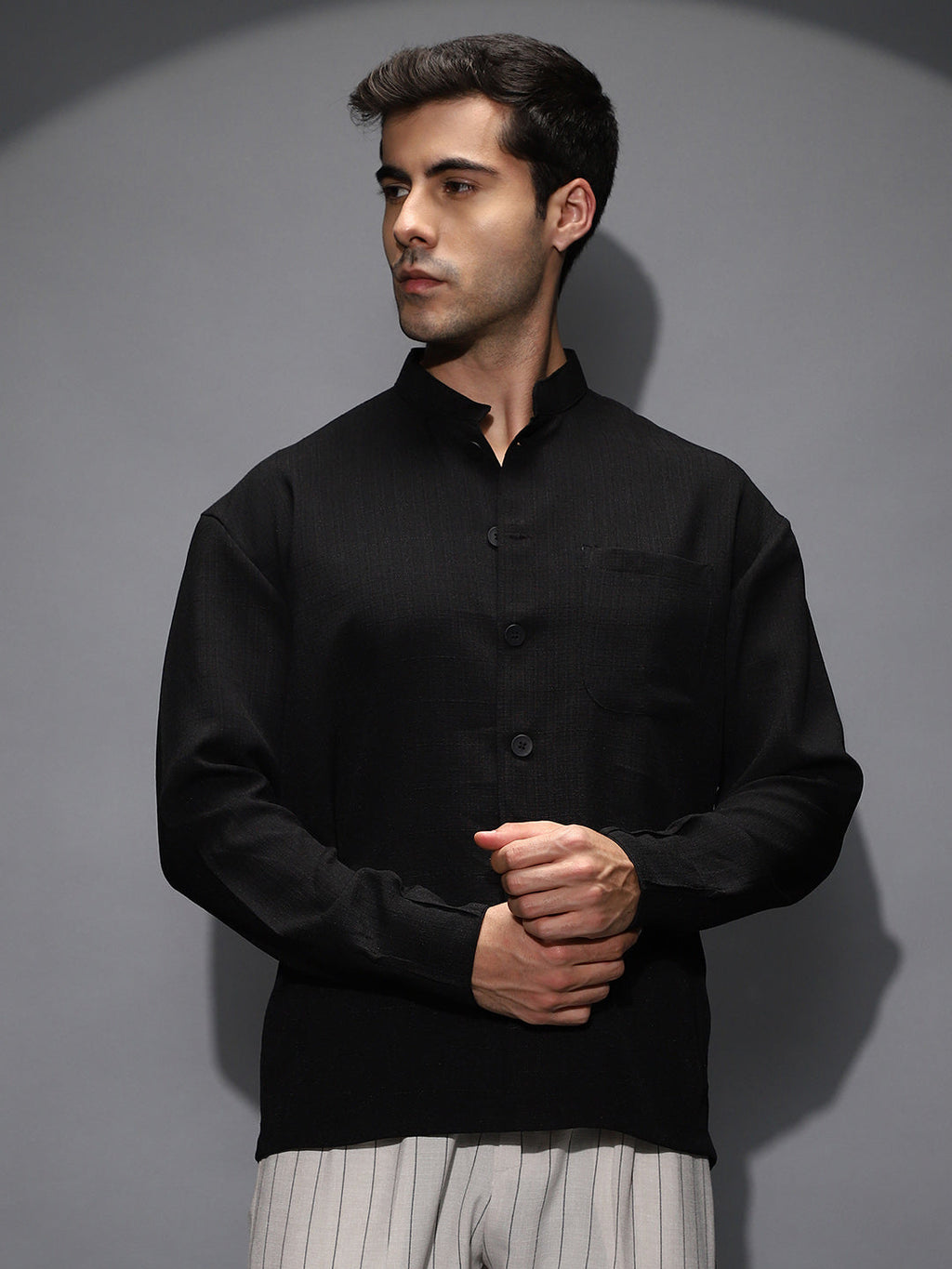 Campus Sutra Band-Collar Heathered Shacket