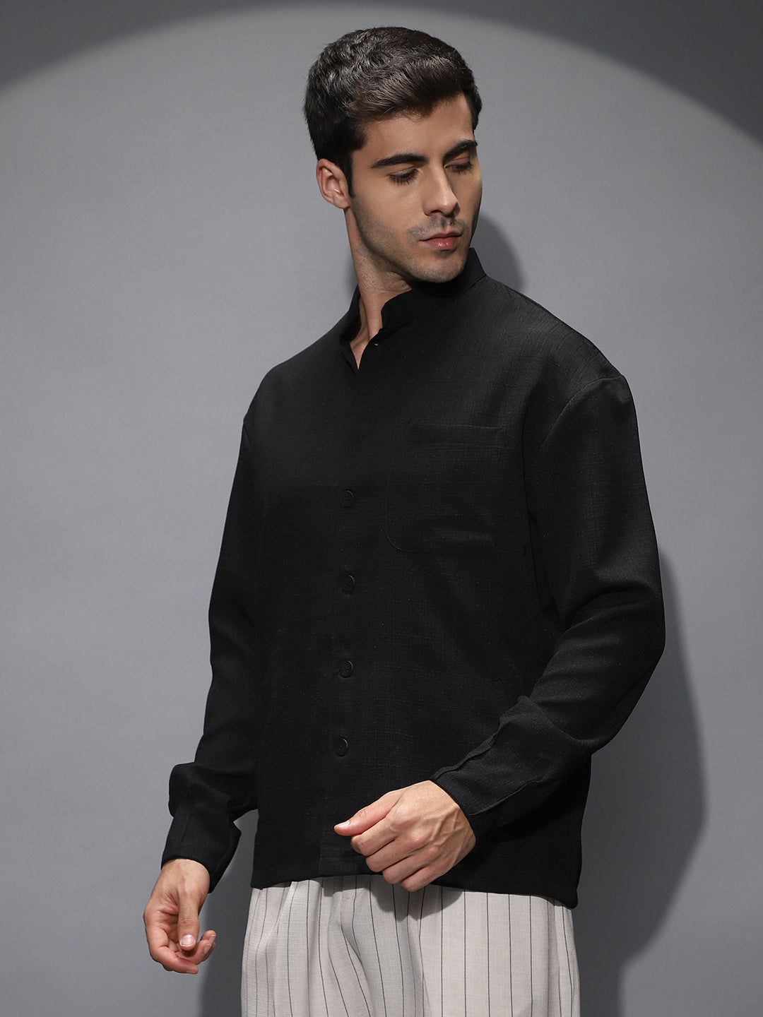 Campus Sutra Band-Collar Heathered Shacket