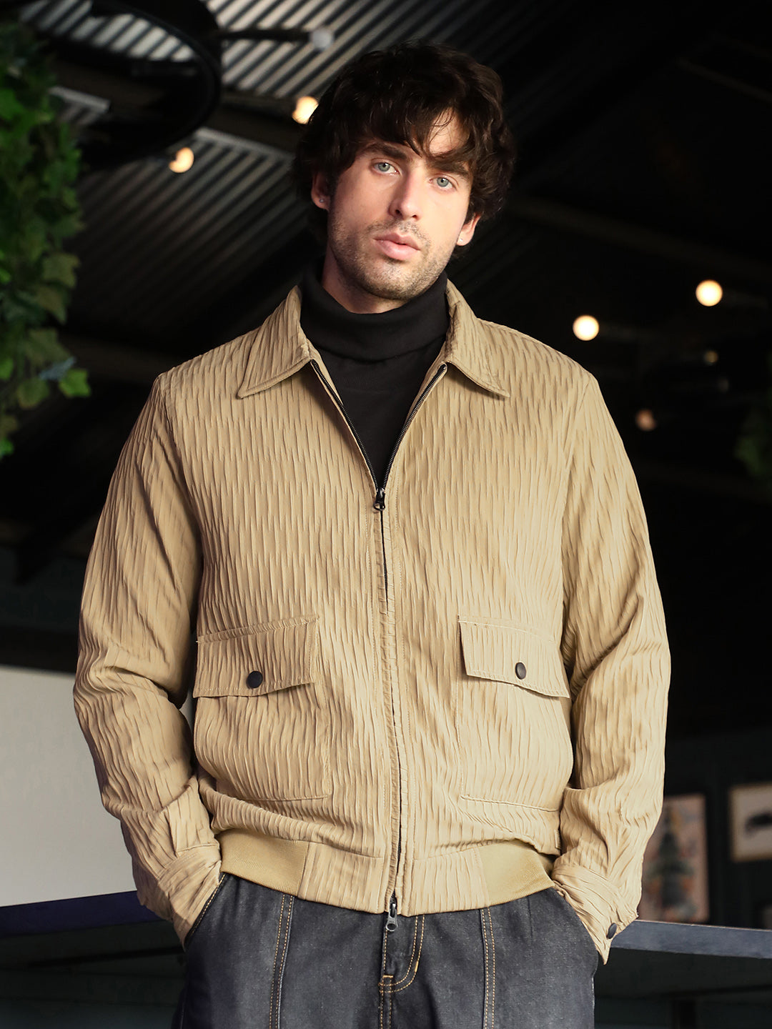 Campus Sutra Zip-Front Crease-Tactile Jacket