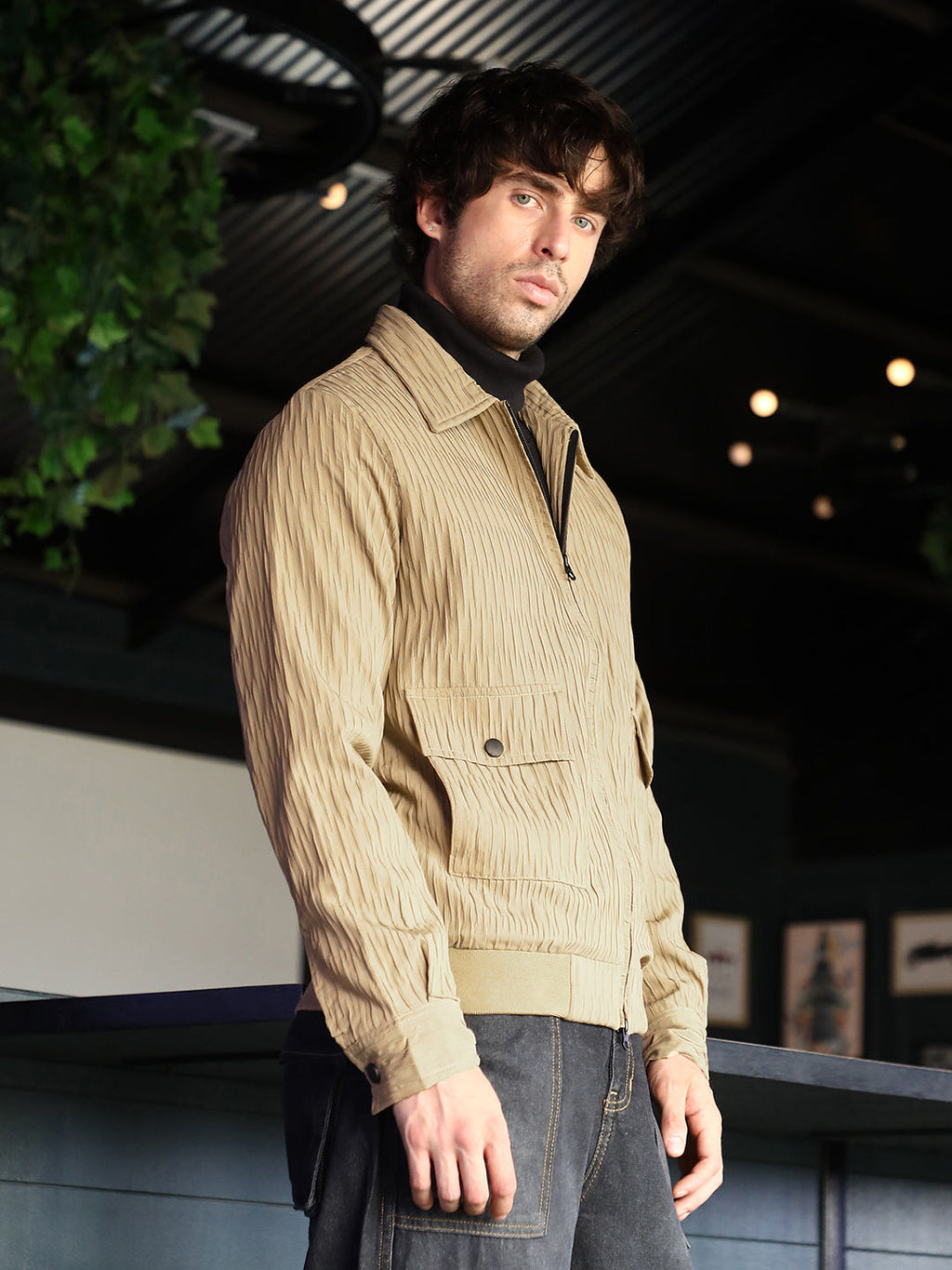Campus Sutra Zip-Front Crease-Tactile Jacket