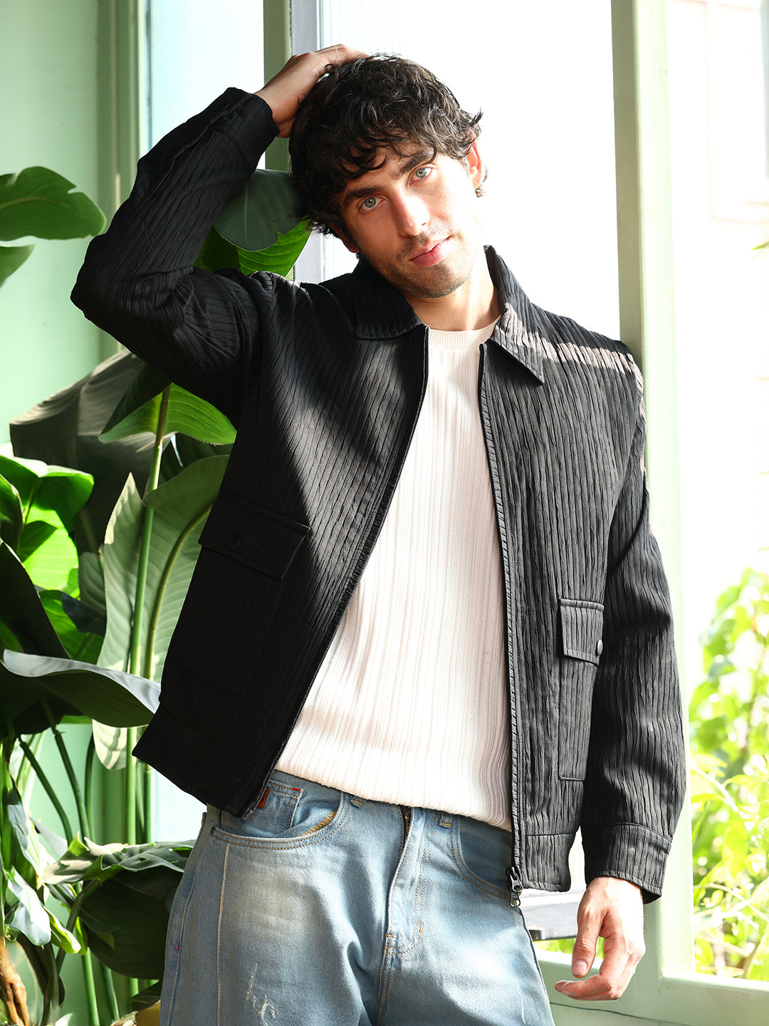 Campus Sutra Zip-Front Crease-Tactile Jacket