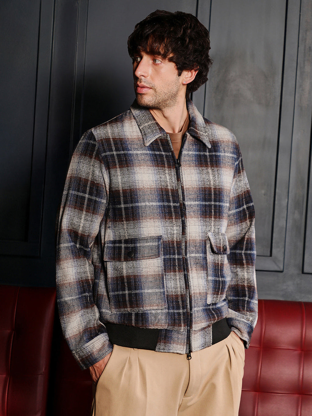Campus Sutra Zip-Front Plaid Jacket