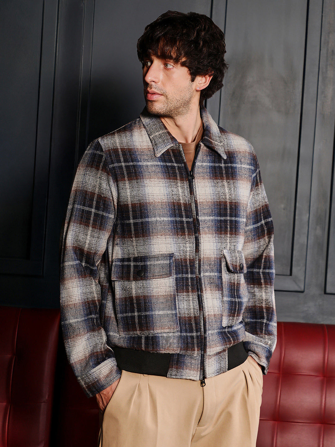 Campus Sutra Zip-Front Plaid Jacket