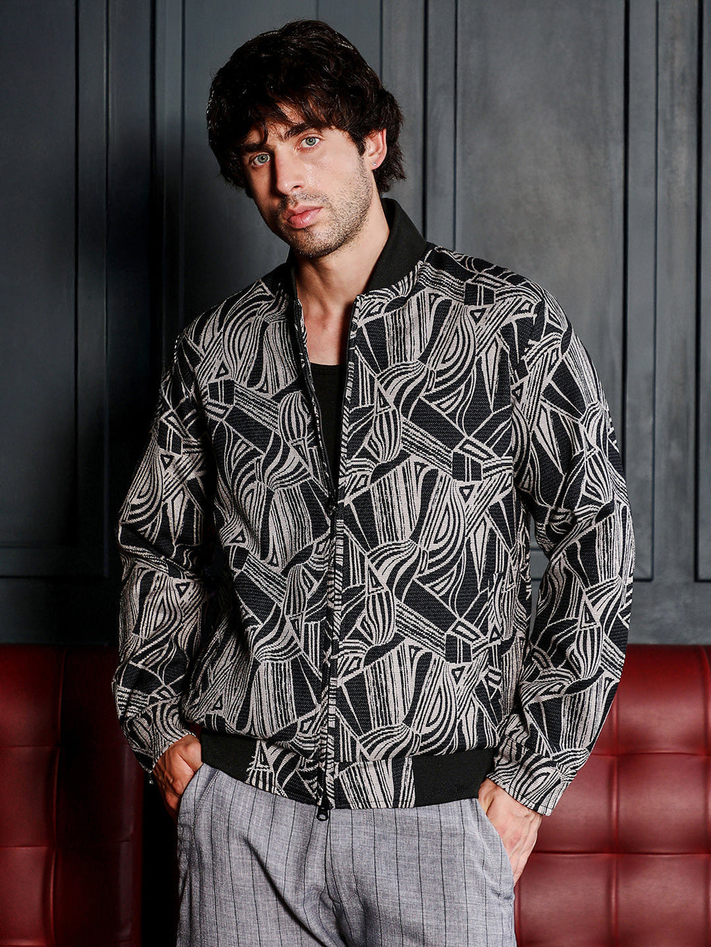 Campus Sutra Stroke-Jacquard Bomber Jacket