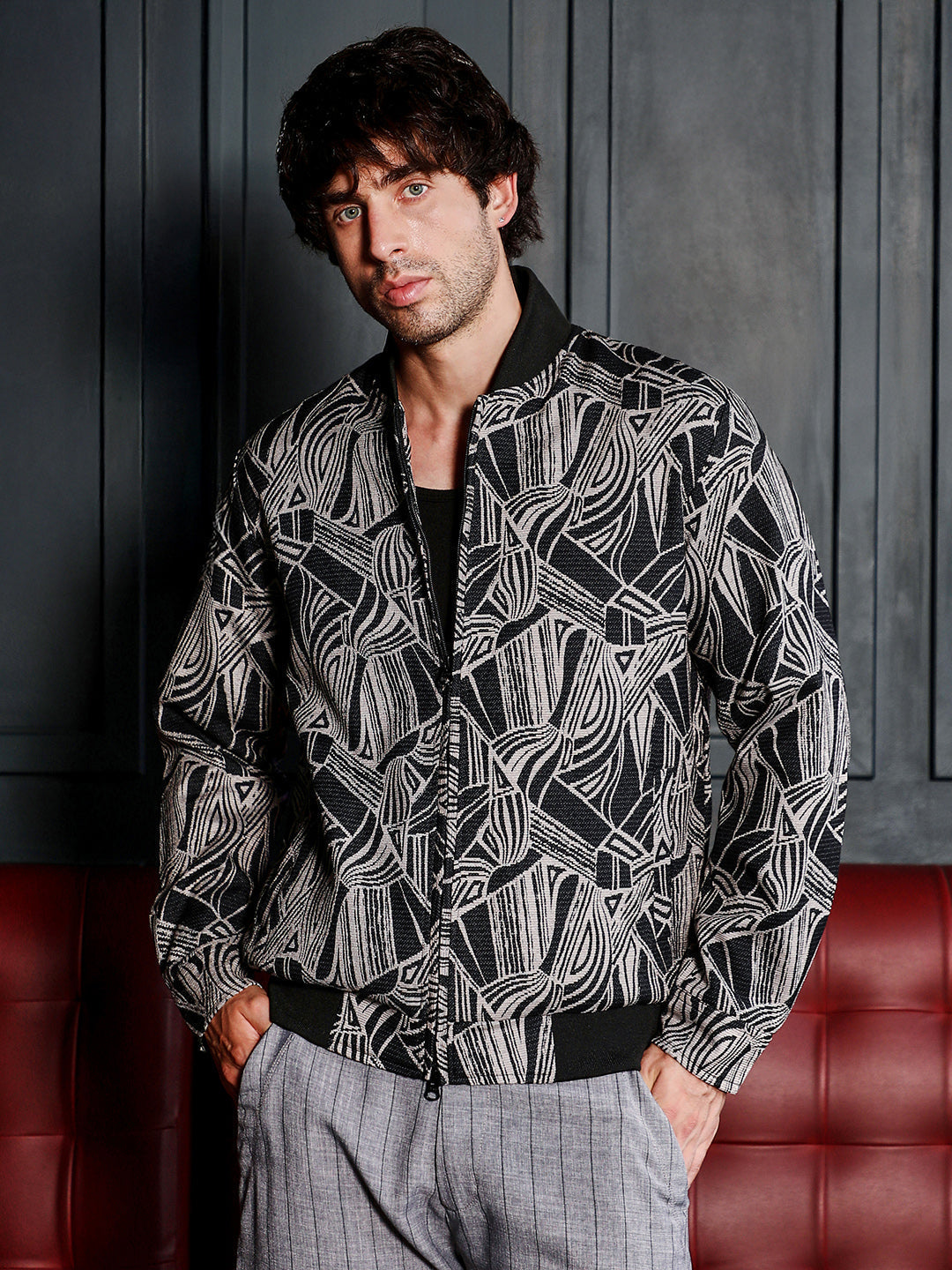 Campus Sutra Stroke-Jacquard Bomber Jacket