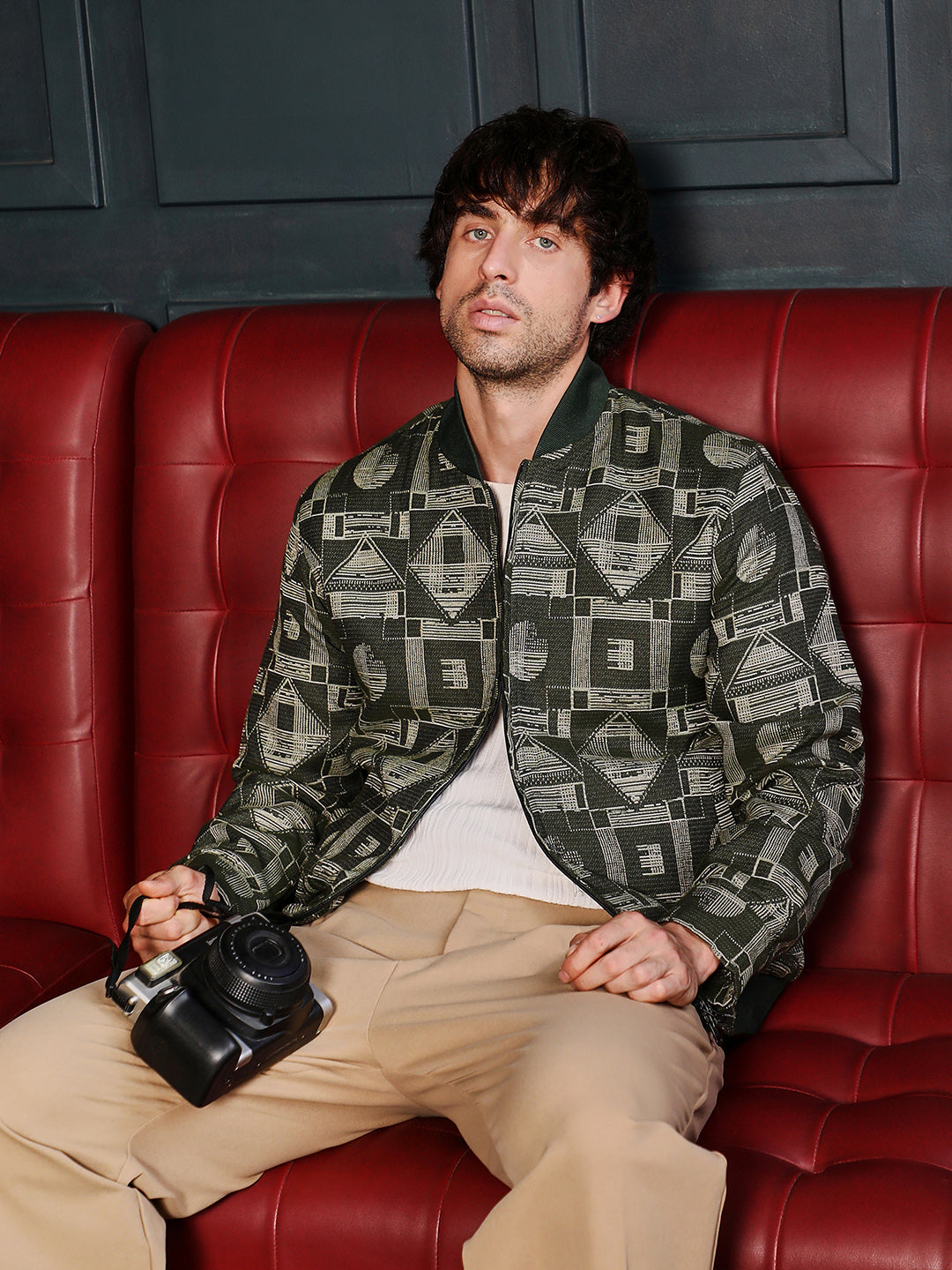 Campus Sutra Geometric-Jacquard Bomber Jacket
