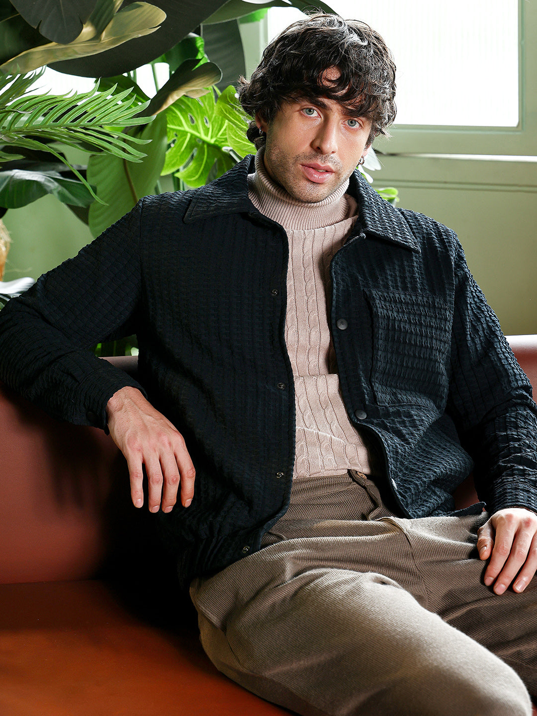 Campus Sutra Houndstooth-Tactile Utility Bomber Jacket