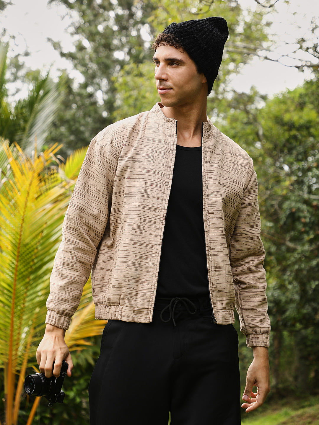 Campus Sutra Lined-Jacquard Bomber Jacket