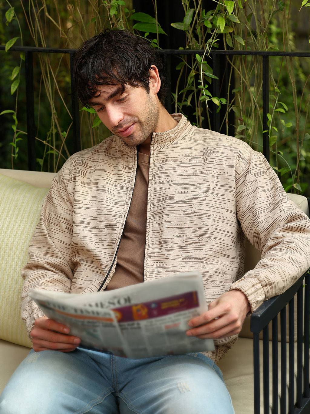 Campus Sutra Lined-Jacquard Bomber Jacket