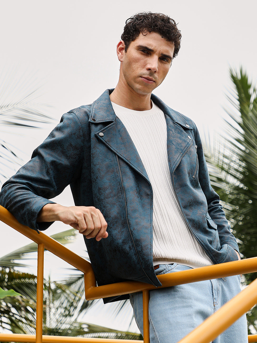 Campus Sutra Embossed-Suede Biker Jacket