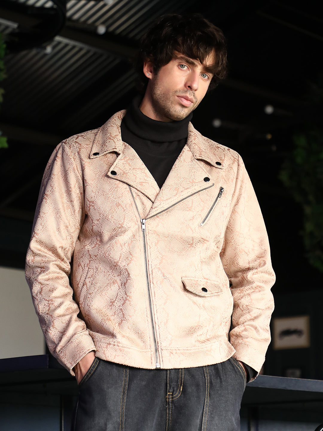 Campus Sutra Reptilia-Jacquard Biker Jacket