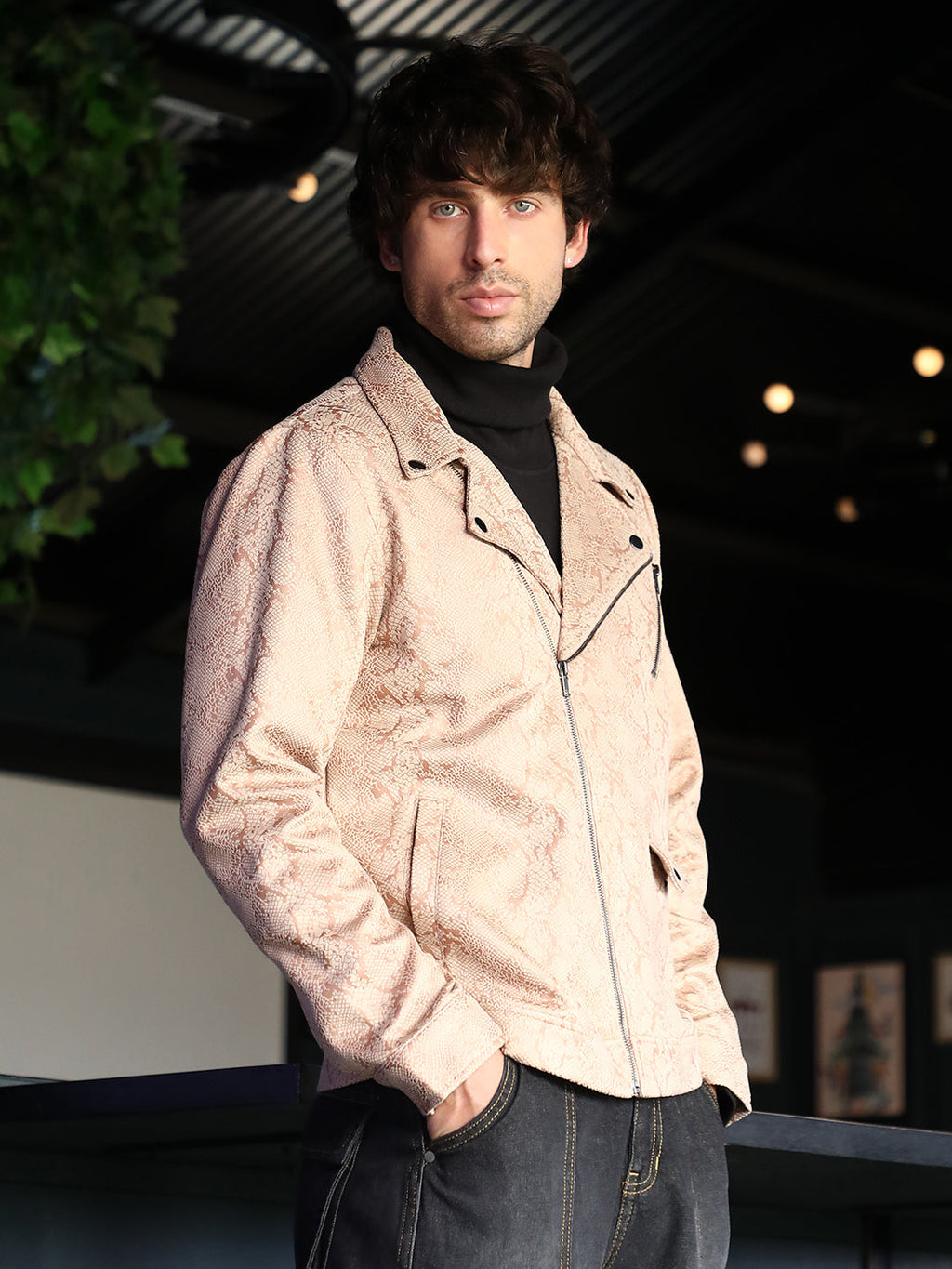 Campus Sutra Reptilia-Jacquard Biker Jacket