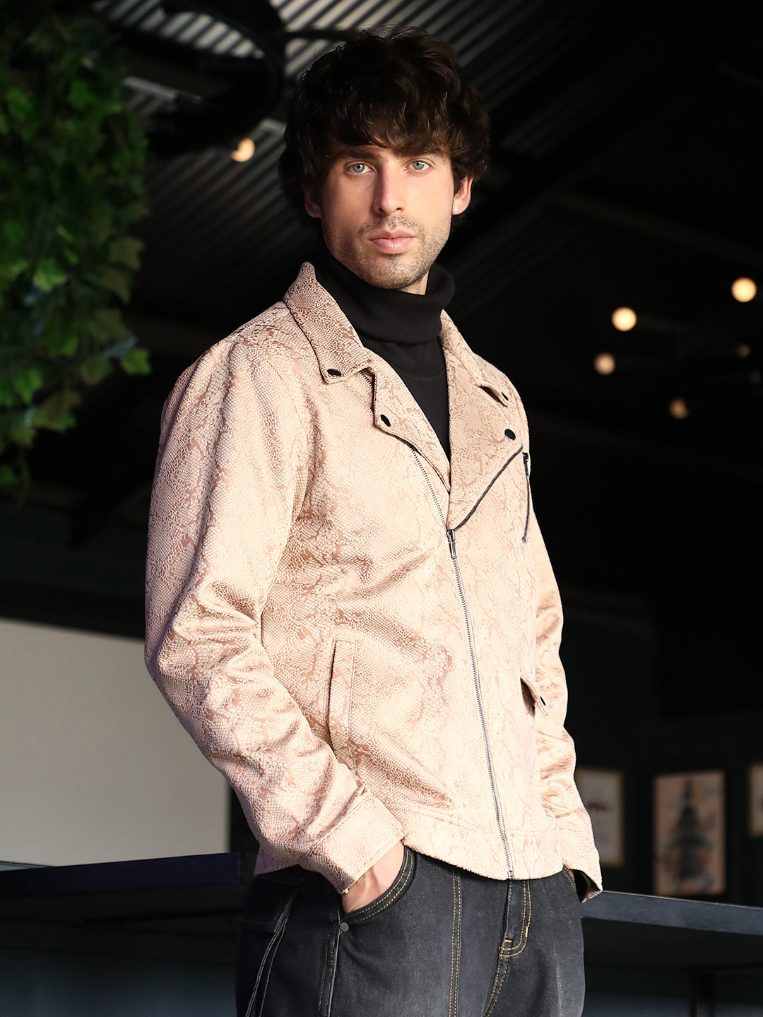 Campus Sutra Reptilia-Jacquard Biker Jacket