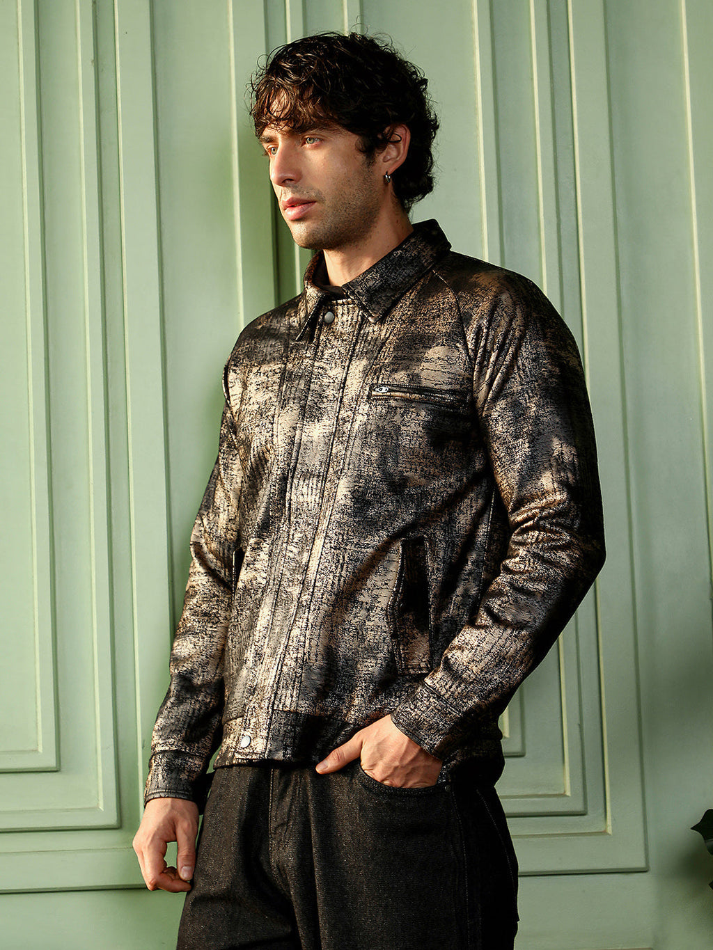 Campus Sutra Reptilia-Jacquard Bomber Jacket