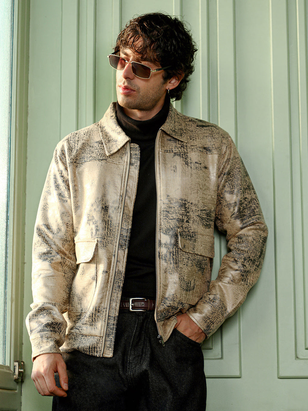 Campus Sutra Reptilia-Jacquard Zip-Front Jacket