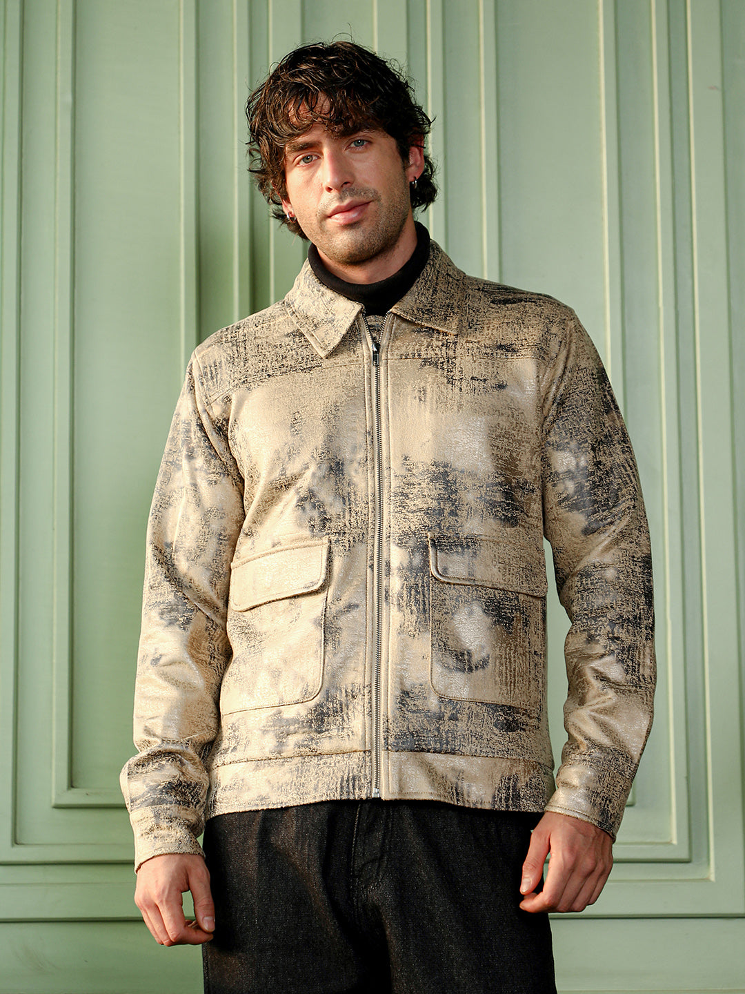 Campus Sutra Reptilia-Jacquard Zip-Front Jacket