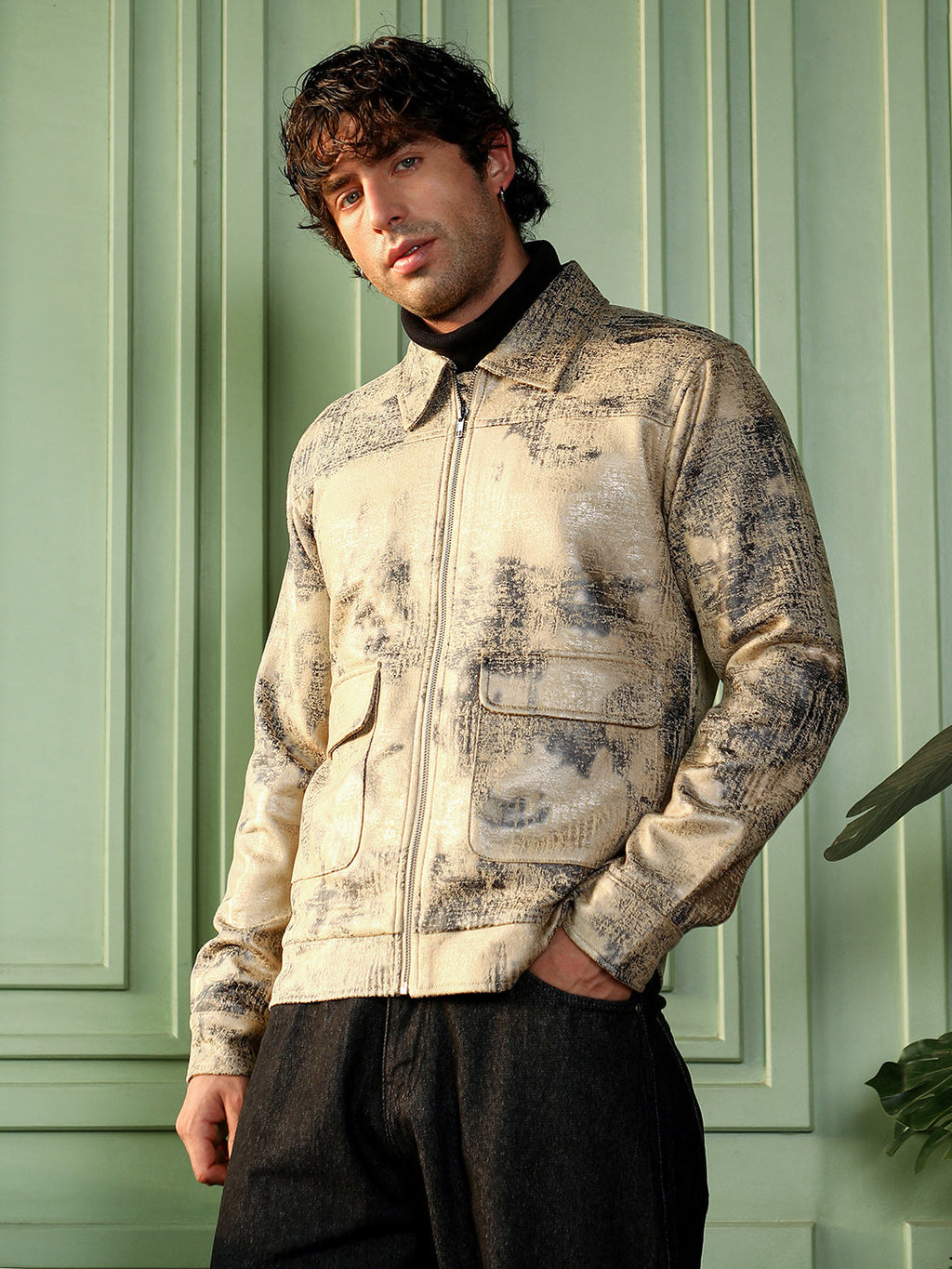 Campus Sutra Reptilia-Jacquard Zip-Front Jacket