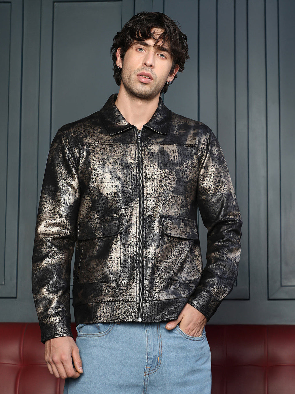 Campus Sutra Reptilia-Jacquard Zip-Front Jacket