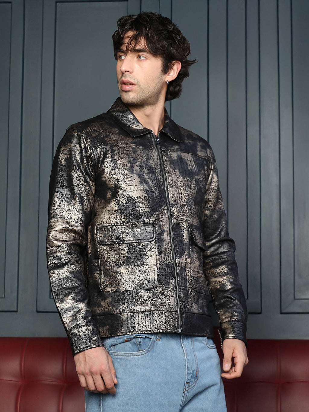 Campus Sutra Reptilia-Jacquard Zip-Front Jacket