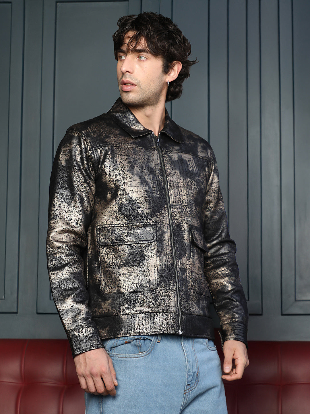Campus Sutra Reptilia-Jacquard Zip-Front Jacket