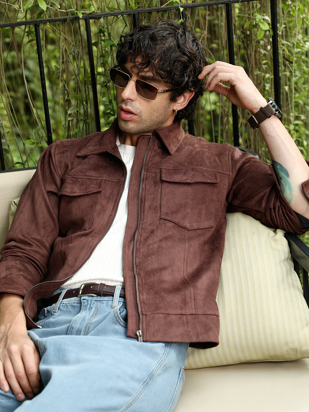 Campus Sutra Solid Utility-Suede Bomber Jacket