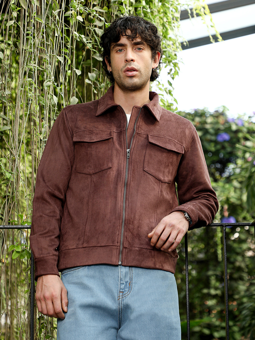 Campus Sutra Solid Utility-Suede Bomber Jacket