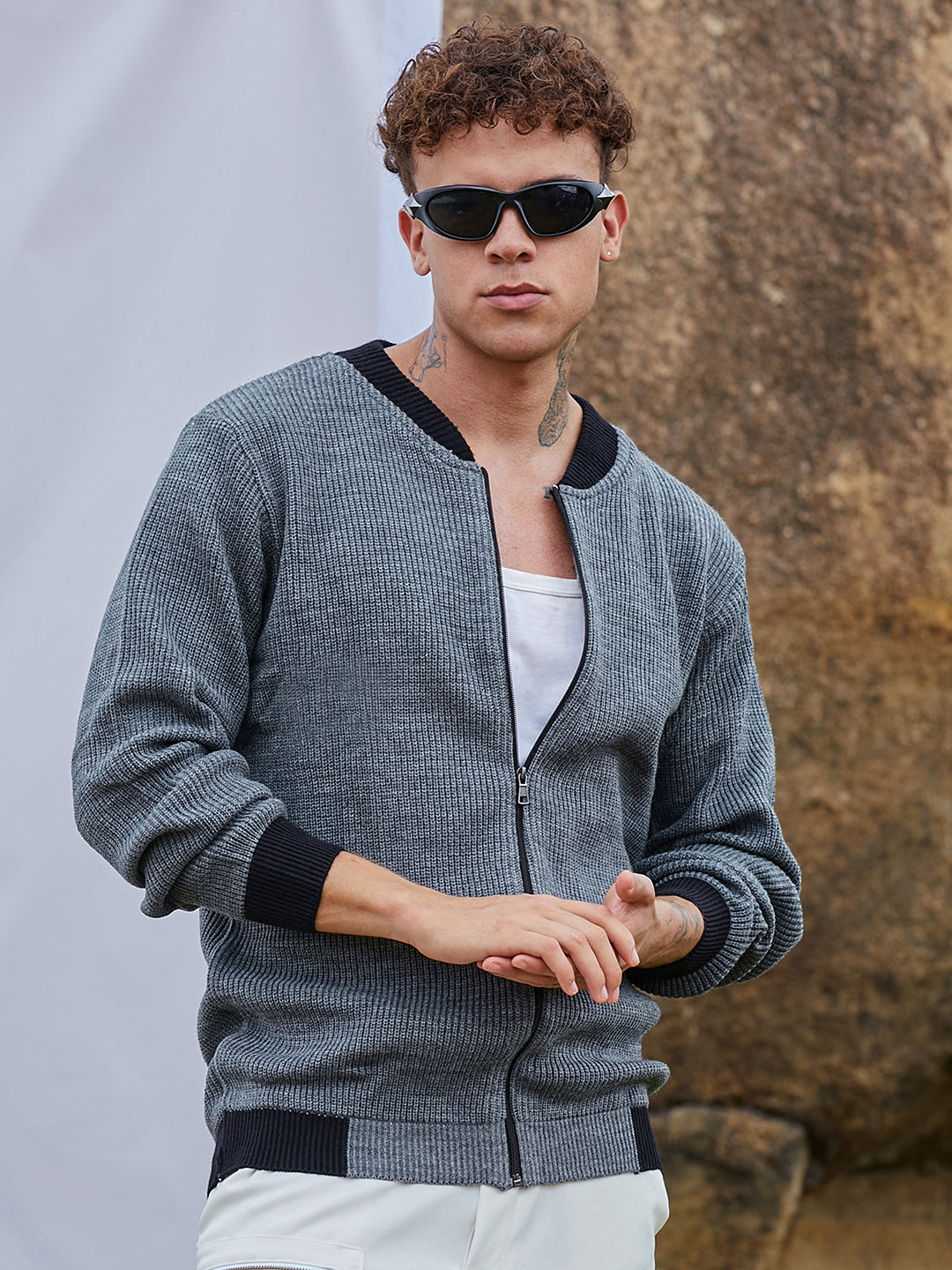 Campus Sutra Zip-Front Knitted Jacket