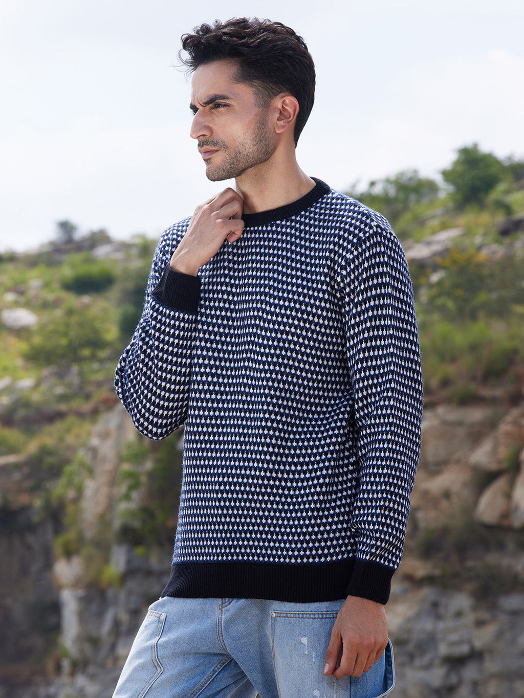 Campus Sutra Contrast Textured Knit Sweater