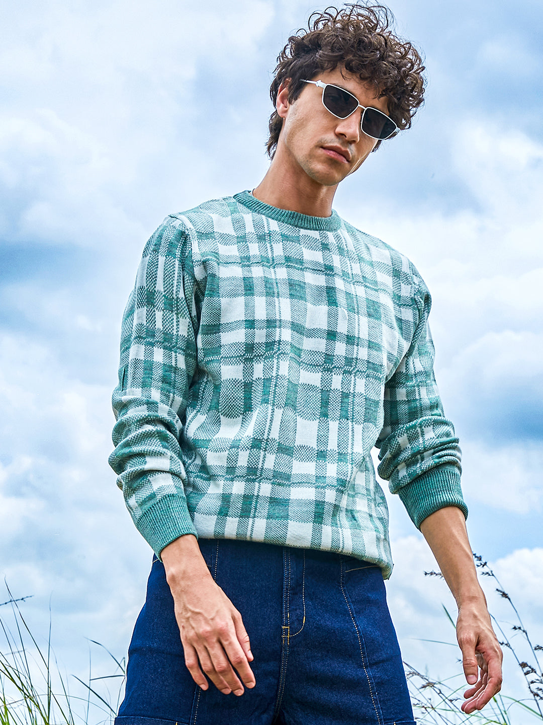 Campus Sutra Men's Tartan Plaid Pullover Sweater